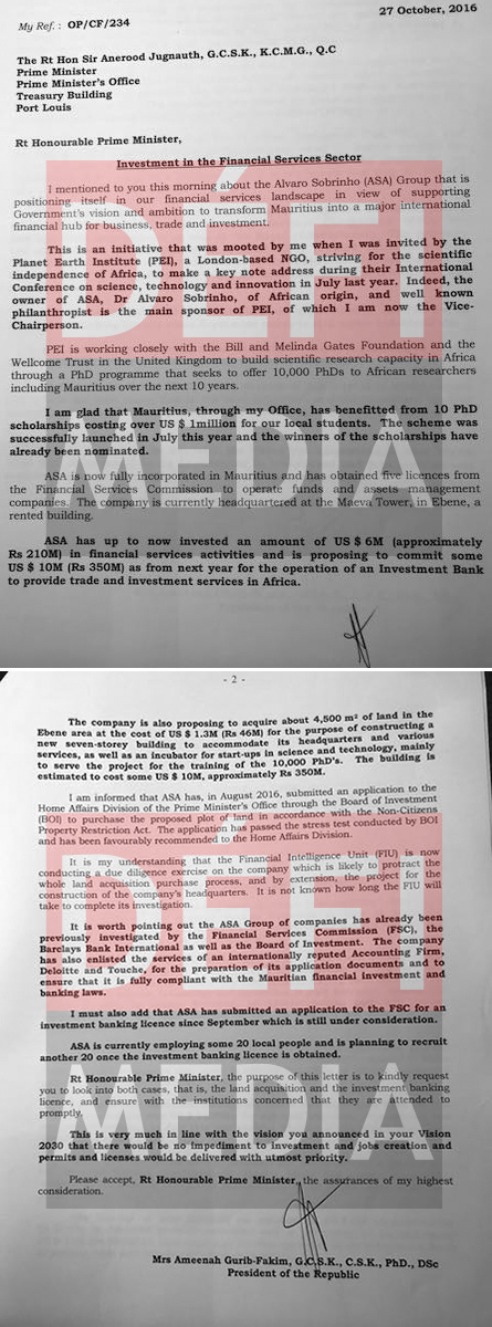 La lettre de Mme Fakim à Sir Anerood concernant les investissements dans nos services financiers.