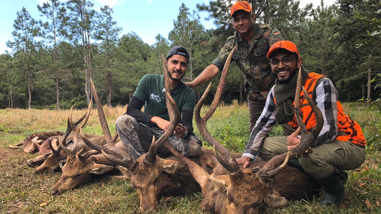 Farrahad, avec ses deux fils, après une partie de chasse avec des cerfs  prêts pour l’empaillage.