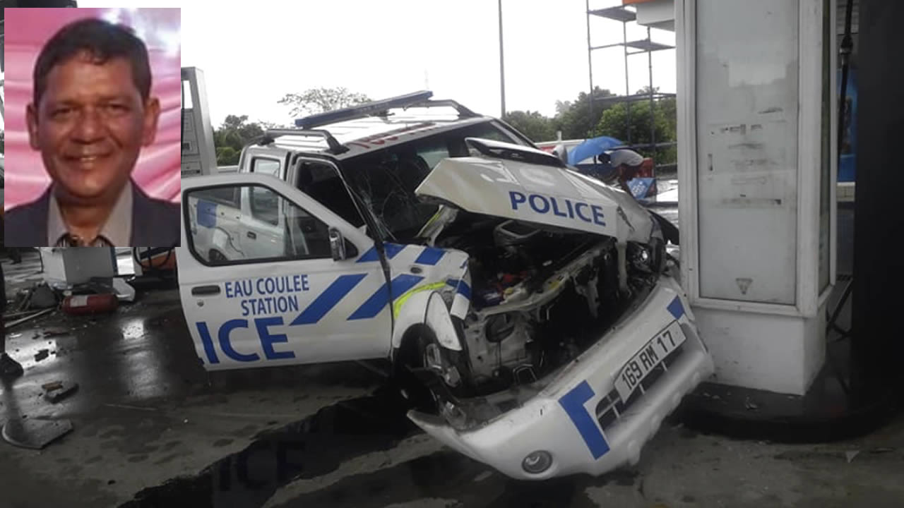 L'état du 4x4 témoigne de la violence de l'accident qui a vu la mort du pompiste Rohit Gobin (en médaillon).