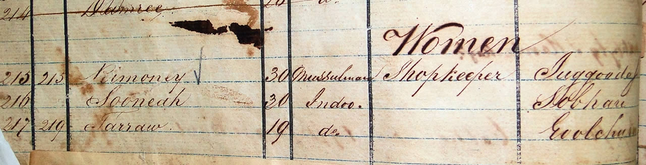 Le registre du navire Emerald Isle indiquant l'arrivée de l'immigrante Rimoney en 1843 (MGIIIA/PE Series / Avec l’autorisation de Mme L. Madhar-Suleiman).