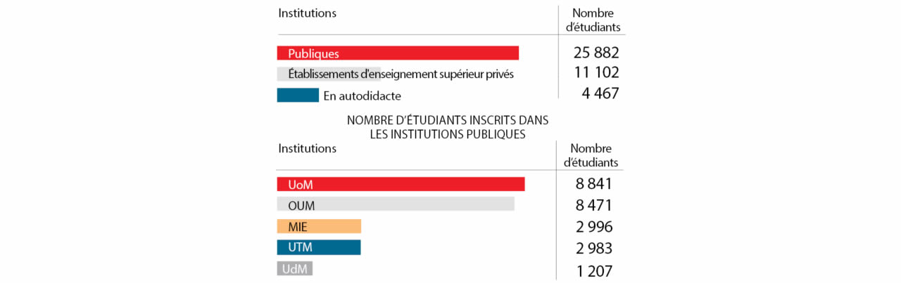 Au niveau des étudiants étrangers à Maurice, on a dénombré  2 782 en 2020. 2 427 d’entre eux sont inscrits dans des institutions privées et 355 dans les institutions publiques. 