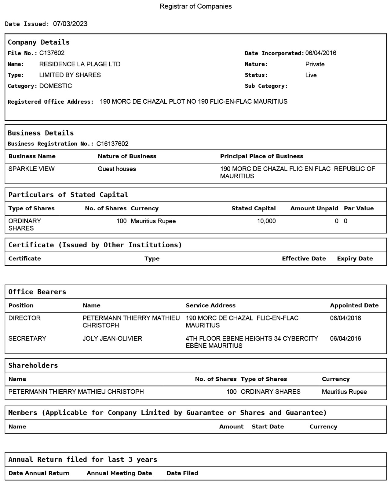 Le seul document disponible au Registrar of Companies